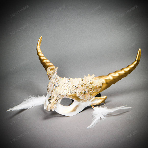 Krampus Gold Horn Lace  Animal Devil Women Mask - White - Picture 5 of 10